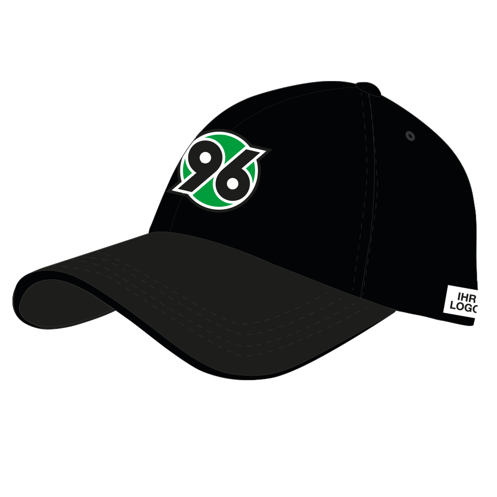 Schrägansicht der schwarzen Baseball Cap mit großem Hannover 96 Logo vorn und Platzhalter für die Veredelung an der linken Seite.