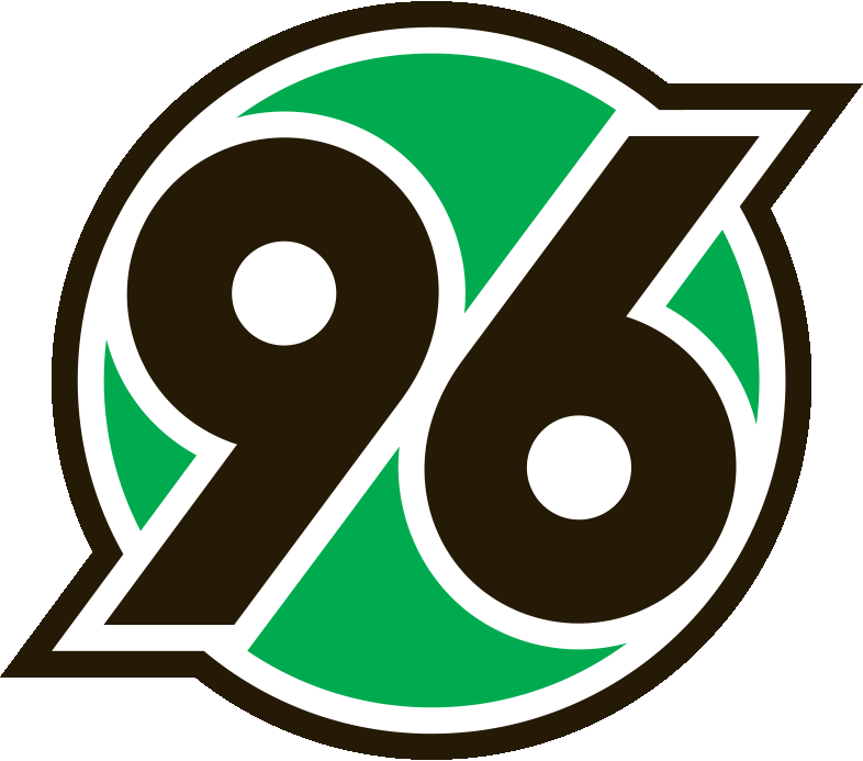 Hannover 96 Logo mit einer schwarzen 96 mit weißer Umrandung in einem grünen Kreis mit weiß-schwarzer Umrandung.