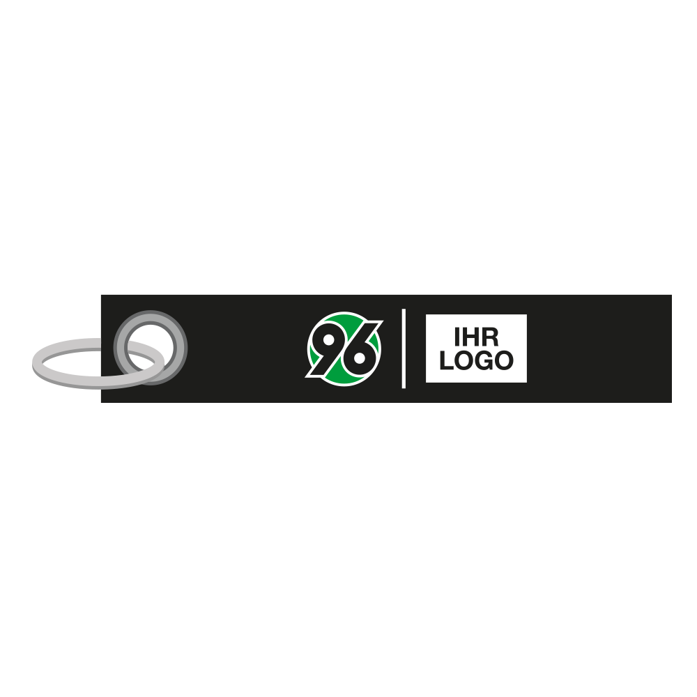 Schwarzer Schlüsselanhänger mit dem Hannover 96 Logo und dem durch eine senkrechte, weiße Linie abgetrennten Platzhalter für die Veredelung
