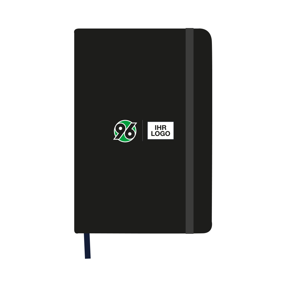 Schwarzer Notizblock mit dem Hannover 96 Logo neben einem Platzhalter für die individuelle Veredelung.