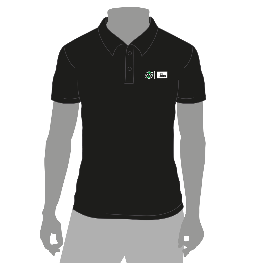Vorderansicht Polo Shirt scharz mit dem Hannover 96 Logo neben einem Platzhalter für die Veredelung auf der linken Brustseite.