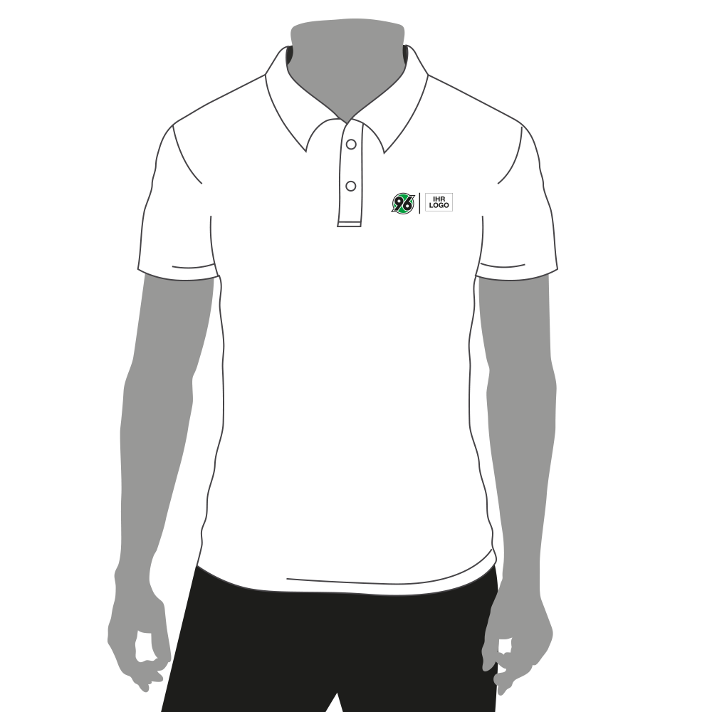 Vorderansicht Polo Shirt weiß mit dem Hannover 96 Logo neben einem Platzhalter für die Veredelung auf der linken Brustseite.