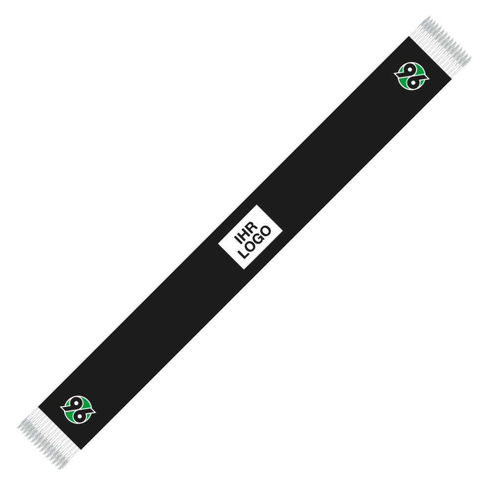 Rückseite des schwarzen Schals mit weißen Fransen. An beiden Enden befindet sich das Hannover 96 Logo. In der Mitte ein großer Platzhalter für die individuelle Veredelung.