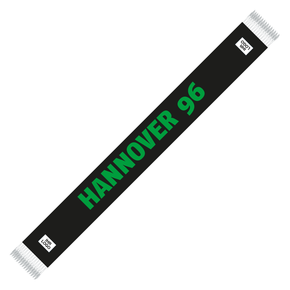 Schwarzer Schal mit weißen Fransen. An beiden Enden befinden sich Platzhalter für die individuelle Veredelung. In der Mitte der große Schriftzug "Hannover 96" in grün.