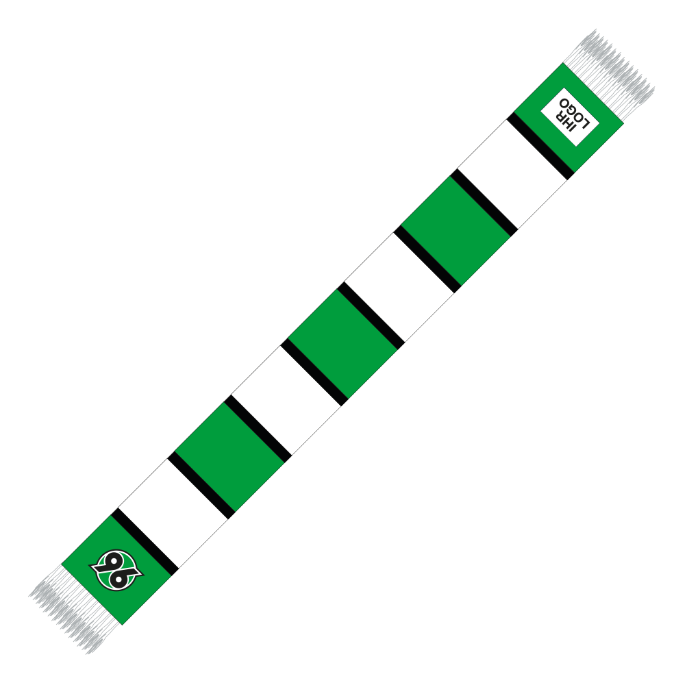 Grün-Weiß-Schwarz gestreifter Schal mit weißen Fransen. Am rechten Ende befindet sich ein Platzhalter für die individuelle Veredelung. Am linken Ende an gespiegelter Position das Hannover 96 Logo.