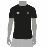 Vorderansicht T-Shirt schwarz mit dem Hannover 96 Logo auf der linken Brustseite und einem Platzhalter für die Veredelung auf der rechten Brustseite