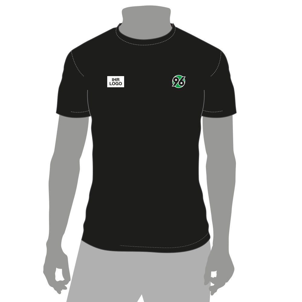 Vorderansicht T-Shirt schwarz mit dem Hannover 96 Logo auf der linken Brustseite und einem Platzhalter für die Veredelung auf der rechten Brustseite
