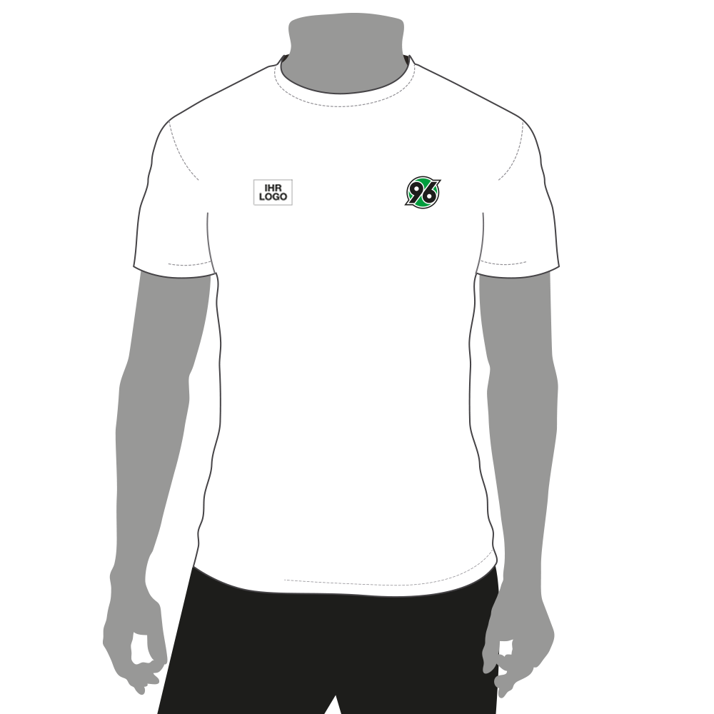 Vorderansicht T-Shirt weiß mit dem Hannover 96 Logo auf der linken Brustseite und einem Platzhalter für die Veredelung auf der rechten Brustseite.